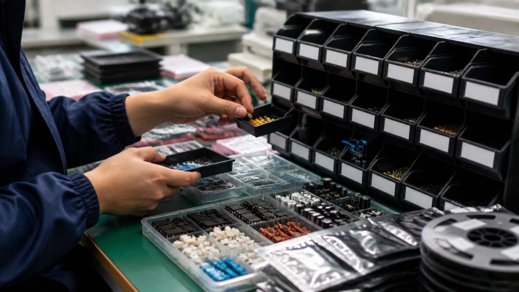 BOM sourcing staging workstation with electronic components for PCB projects