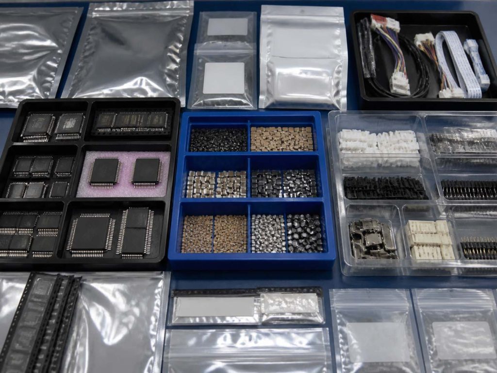 Electronics components grouped for PCB BOM sourcing: ICs, passives, connectors
