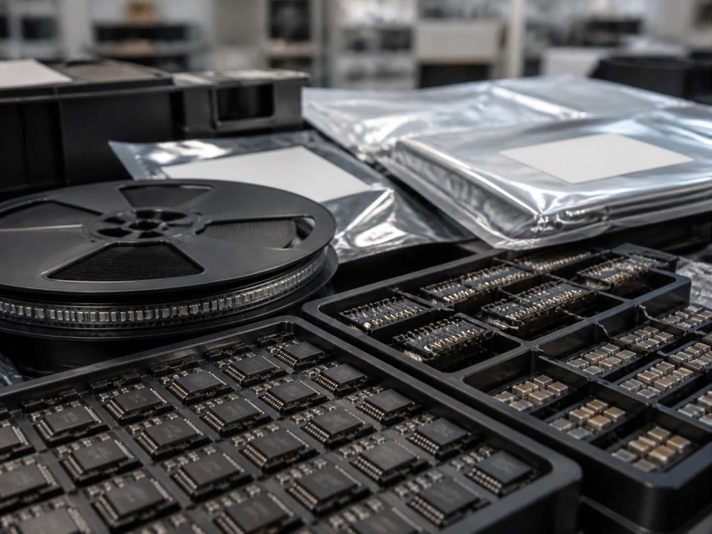 Close-up of electronics component trays for PCB BOM sourcing