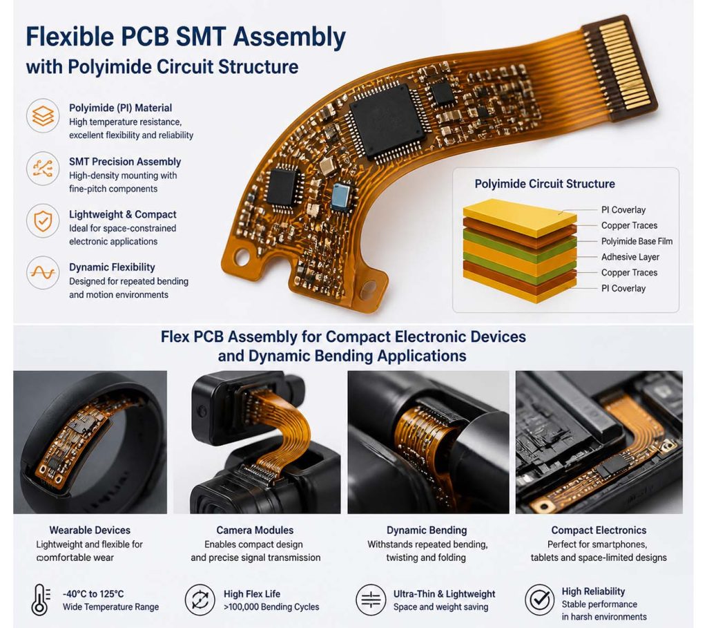 Flexible PCB SMT assembly with polyimide circuit structure