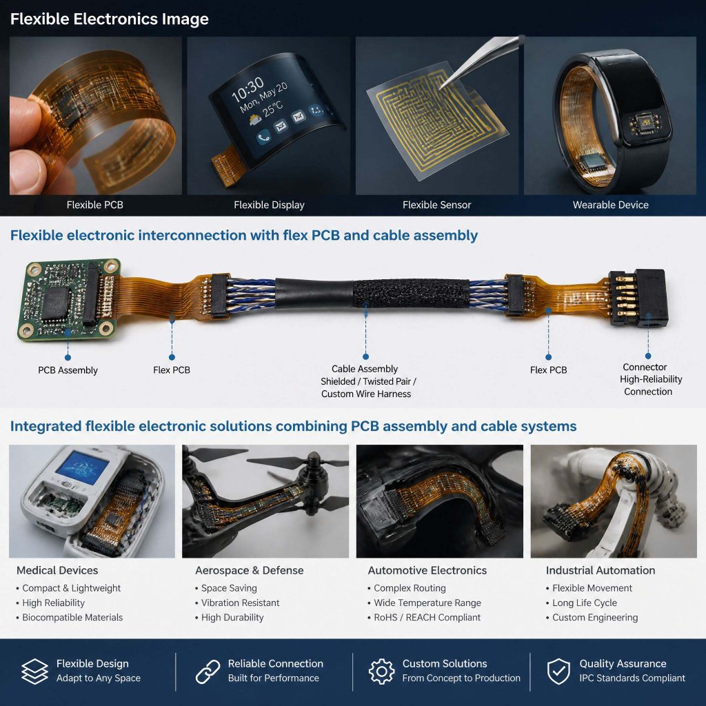 Flexible electronic interconnection with flex PCB and cable assembly