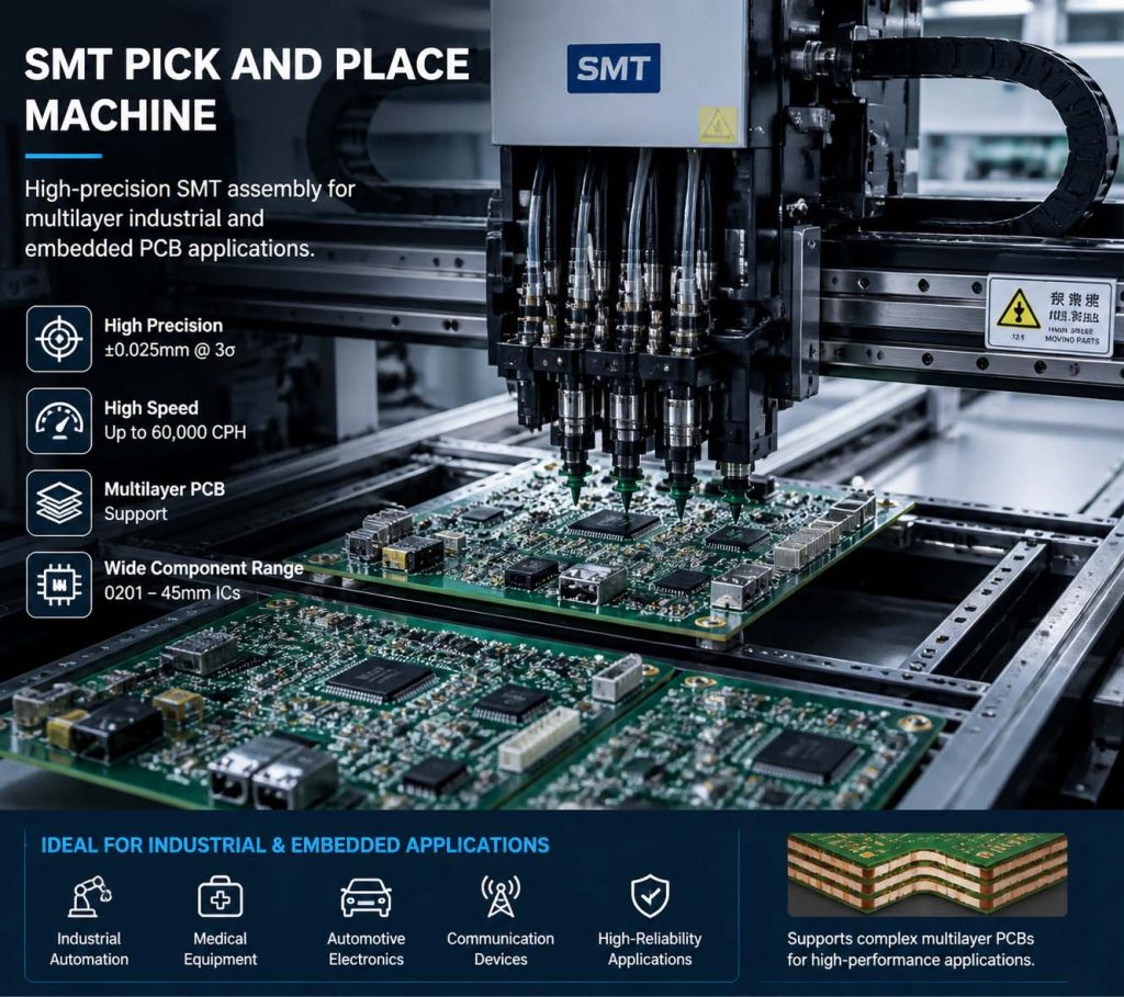SMT pick and place machine assembling industrial circuit boards