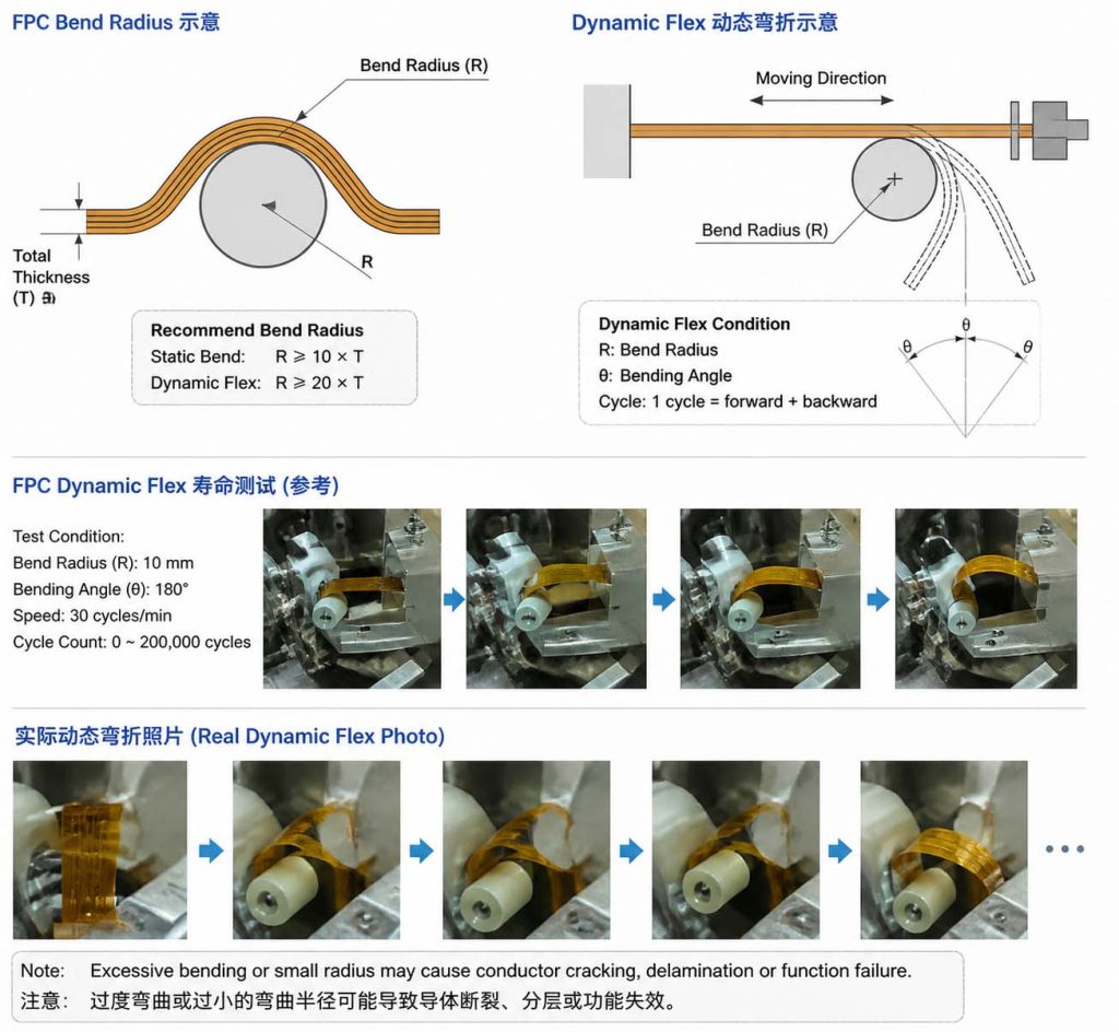 Dynamic flex FPC design with optimized bend radius for repeated movement applications