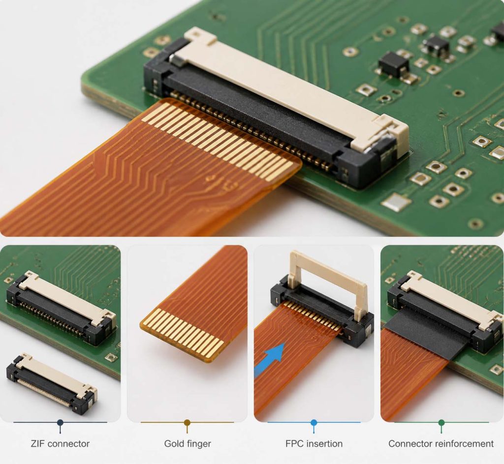 FPC connector integration with ZIF and reinforced termination structures