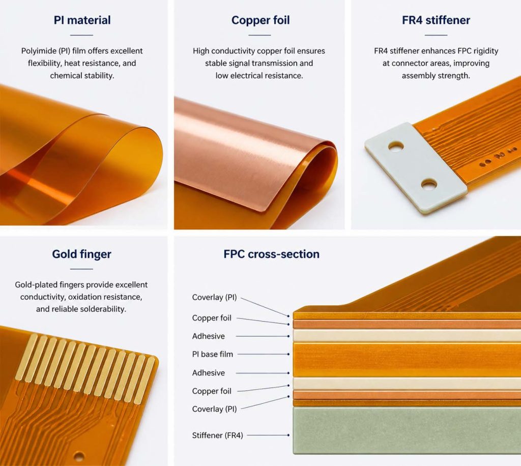 Polyimide materials, copper foil, stiffeners, and surface finishes used in FPC manufacturing