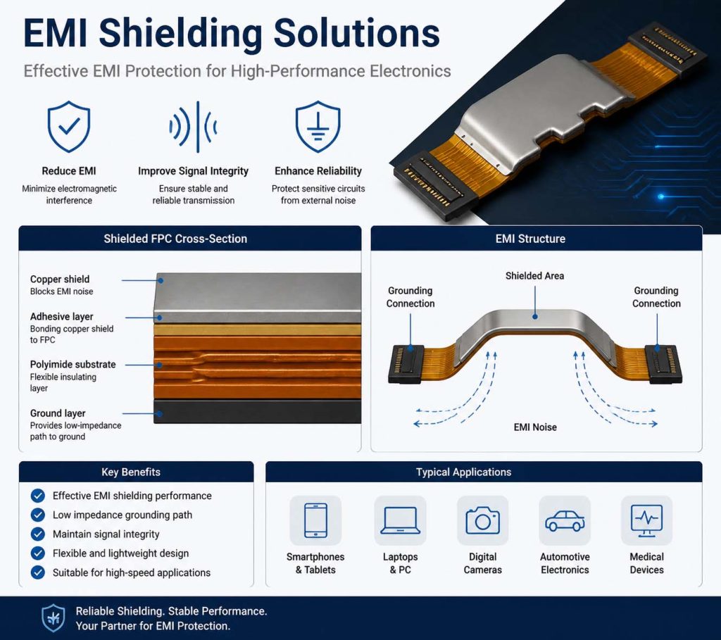 Shielded flexible printed circuit structure for EMI protection and signal integrity